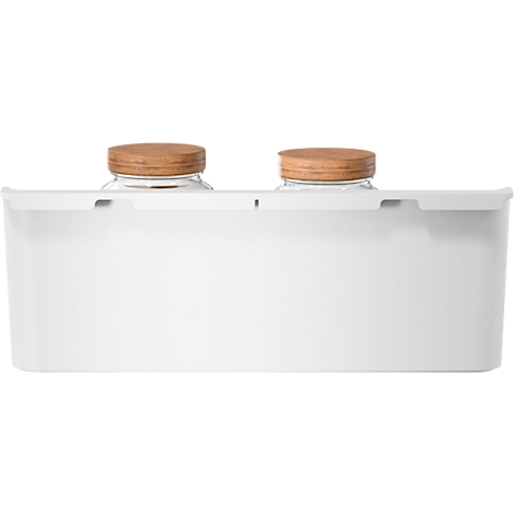 Récipient de stockage blanc avec couvercles en bois. Deux pots sont visibles.