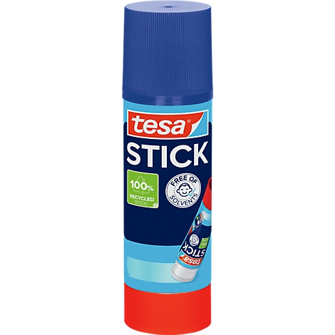 Tesa Klebestift in blauer Verpackung mit rot-blauer Kappe und Beschriftung.