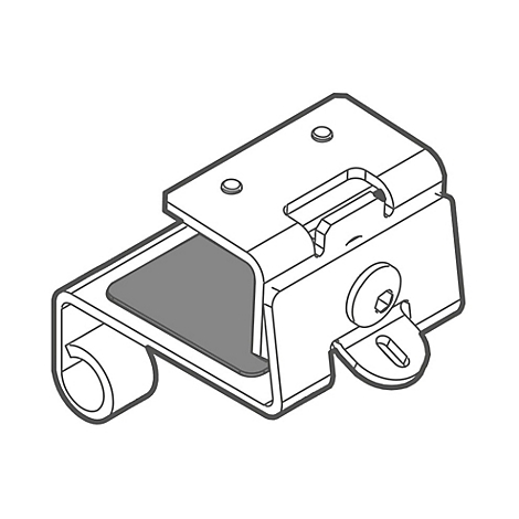 Detailansicht eines metallenen, eckigen Halters mit einer grau gefärbten Auflagefläche.