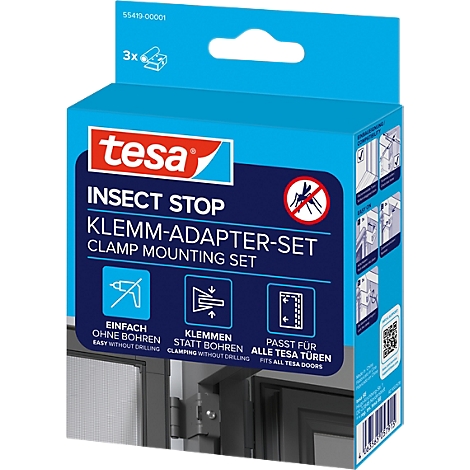 Blau-weiße Tesa-Verpackung für Insektenschutz mit Produktnamen und Illustrationen.