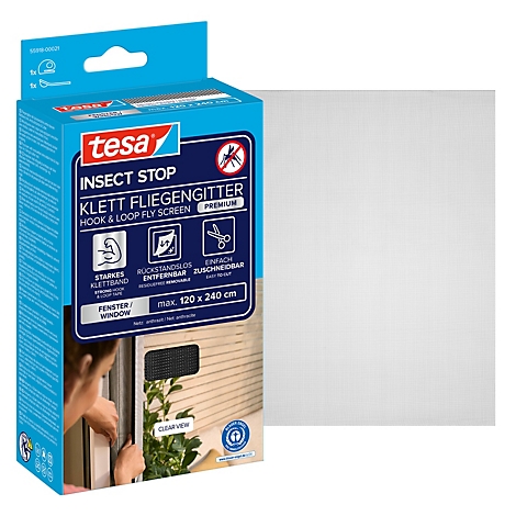 tesa® Klett-Fliegengitter INSECT STOP Premium, zum Befestigen an Fensterrahmen, L 1200 x B 2400 mm, anthrazit-transparent