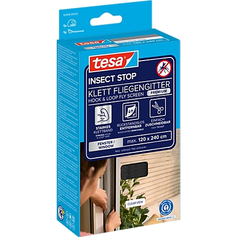 tesa® Klett-Fliegengitter INSECT STOP Premium, zum Befestigen an Fensterrahmen, L 1200 x B 2400 mm, anthrazit-transparent