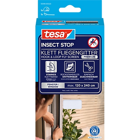tesa® Klett-Fliegengitter INSECT STOP Premium, zum Befestigen an Fensterrahmen, L 1200 x B 2400 mm, weiß-transparent