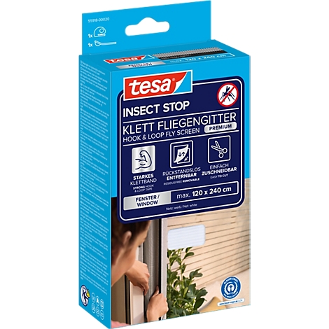 tesa® Klett-Fliegengitter INSECT STOP Premium, zum Befestigen an Fensterrahmen, L 1200 x B 2400 mm, weiß-transparent