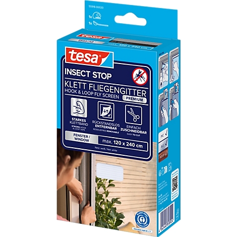 tesa® Klett-Fliegengitter INSECT STOP Premium, zum Befestigen an Fensterrahmen, L 1200 x B 2400 mm, weiß-transparent