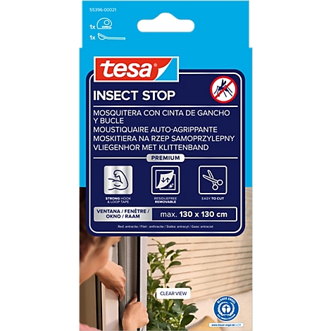 tesa® Klett-Fliegengitter INSECT STOP Premium, zum Befestigen an Fensterrahmen, L 1300 x B 1300 mm, anthrazit-transparent