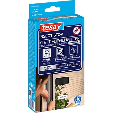 tesa® Klett-Fliegengitter INSECT STOP Premium, zum Befestigen an Fensterrahmen, L 1300 x B 1300 mm, anthrazit-transparent