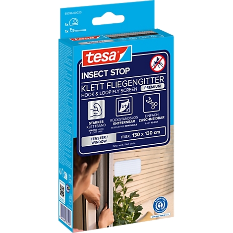 tesa® Klett-Fliegengitter INSECT STOP Premium, zum Befestigen an Fensterrahmen, L 1300 x B 1300 mm, weiß-transparent