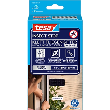 tesa® Klett-Fliegengitter INSECT STOP Premium, zum Befestigen an Fensterrahmen, L 1300 x B 1500 mm, anthrazit-transparent