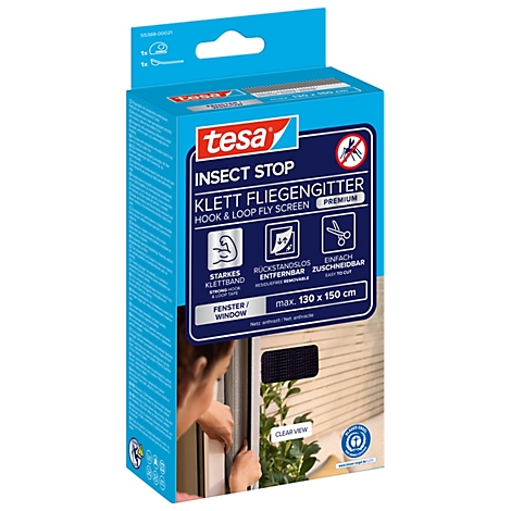 Blau-weiße Verpackung mit rotem Logo. Darauf steht "tesa INSECT STOP Klett Fliegengitter". Der Klettverschluss wird an einem Fenster angebracht. 