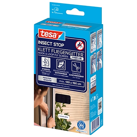 tesa® Klett-Fliegengitter INSECT STOP Premium, zum Befestigen an Fensterrahmen, L 1300 x B 1500 mm, anthrazit-transparent