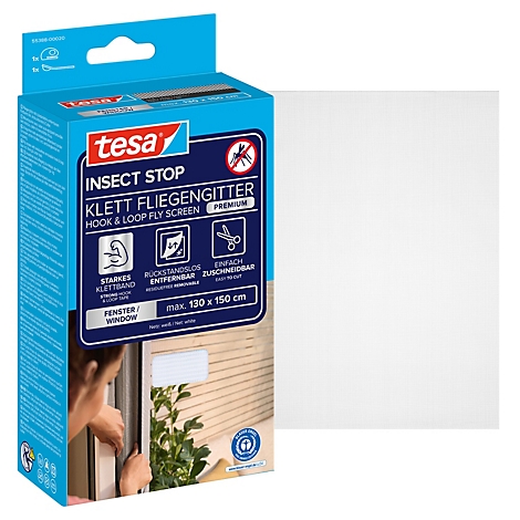 tesa® Klett-Fliegengitter INSECT STOP Premium, zum Befestigen an Fensterrahmen, L 1300 x B 1500 mm, weiß-transparent