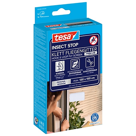 tesa® Klett-Fliegengitter INSECT STOP Premium, zum Befestigen an Fensterrahmen, L 1300 x B 1500 mm, weiß-transparent