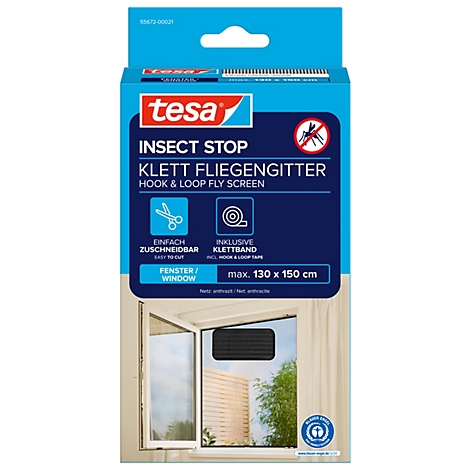 tesa® Klett-Fliegengitter INSECT STOP, zum Befestigen an Fensterrahmen, L 1300 x B 1500 mm, anthrazit-transparent