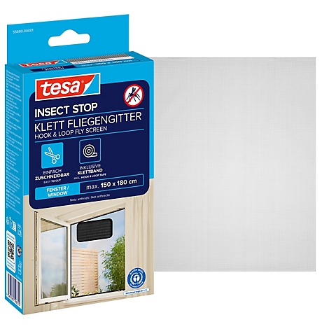 tesa® Klett-Fliegengitter INSECT STOP, zum Befestigen an Fensterrahmen, L 1500 x B 1800 mm, anthrazit-transparent