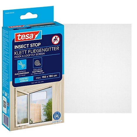 Produktverpackung eines Fliegengitters von Tesa. Auf der Verpackung steht „Insect Stop Klett Fliegengitter“ und ist blau und weiß.