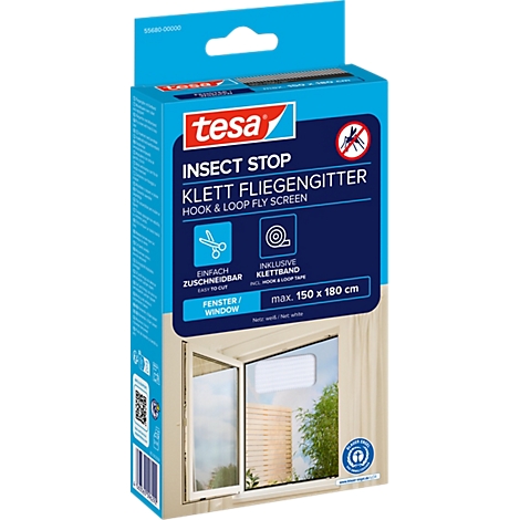 Blau-weiße Tesa-Verpackung, Text: Insect Stop, Klett Fliegengitter, Fenster, inkl. Klettband, max. 150 x 180 cm. Im unteren Teil ist ein Fenster mit Fliegengitter gezeigt.