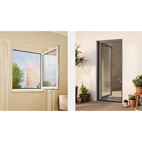Fliegengitter an Fenstern und Türen. Links Fenster, rechts Tür mit Fliegengitter. Logo von tesa.