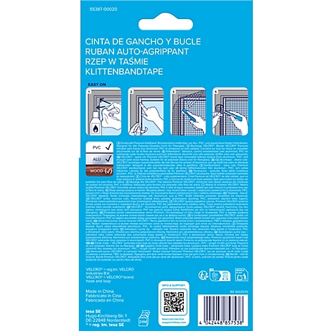 Rückseite einer Klettbandverpackung mit Produktnamen, Anwendungsszenen und QR-Code.