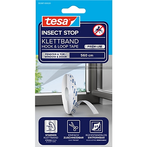 tesa® Klettband INSECT STOP Premium, zur Befestigung von INSECT STOP Fliegengittern an Fensterrahmen, selbstklebend, entfernbar, L 5600 mm, weiß