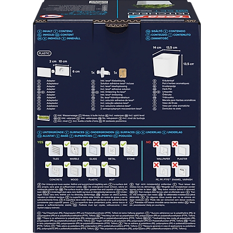 Detailansicht der Rückseite einer Produktverpackung. Der Inhalt wird aufgelistet, Masse und Oberflächenkompatibilitäten werden angezeigt.
