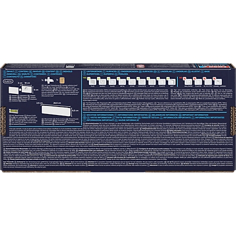 Rückseite einer Verpackung. Text, Skizzen, Symbole und Masse sind auf dunklem Hintergrund abgebildet.