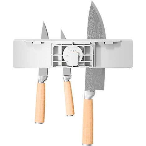 Messerhalter mit drei Messern; Holzklingen, silberne Griffe, weisser Halter.