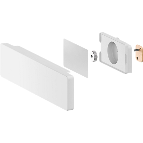 Explodierte Ansicht eines weissen Wandthermostats, zeigt Einzelteile.