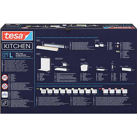 Blau-weisse Verpackung von tesa Kitchen. Produktabbildungen und Produktinformationen.