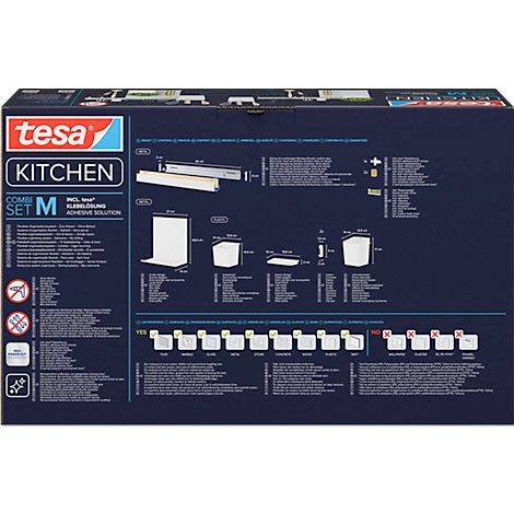 Rückseite einer blauen Produktverpackung mit der Aufschrift „tesa Kitchen“ und Illustrationen zu Anwendung und Eigenschaften.