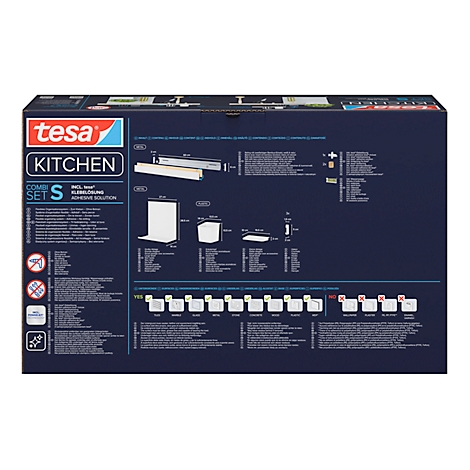 Rückseite einer Produktverpackung von Tesa Kitchen Combi Set S mit schematischen Darstellungen und Texten.