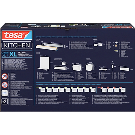 Tesa Kitchen Combi Set XL-Verpackung. Auf der Verpackung sind Anwendungsbeispiele und Produktabbildungen zu sehen.