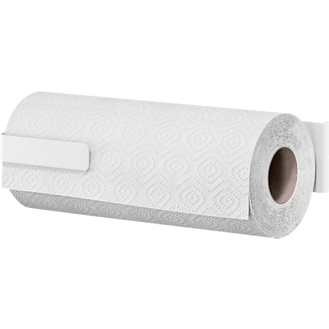 Weisses Küchenpapier an einer Halterung. Das Papier hat ein geprägtes Muster.