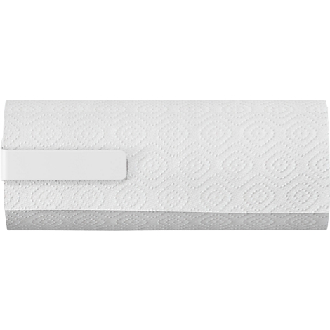 Rolle weisses Küchenpapier mit Halterung, Draufsicht.