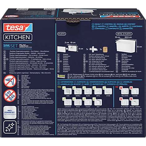Rückseite einer tesa KITCHEN SINK SET Verpackung mit Produktabbildungen und Informationen.
