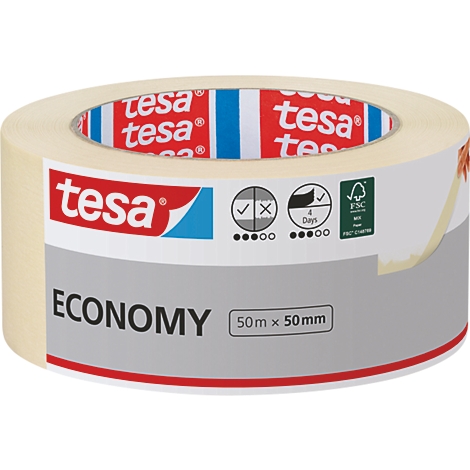 Beige Tesafilm-Rolle, rot-weißes Logo, Aufdruck "Economy", 50m x 50mm, Symbole und FSC-Label.