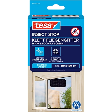 Emballage bleu et blanc de tesa Insect Stop, moustiquaire auto-agrippante, avec une fenêtre et un symbole d'insecte.