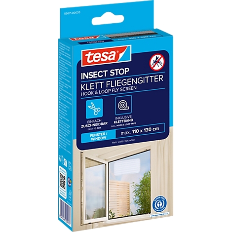 Emballage du produit Tesa Insect Stop moustiquaire. Inscription : Moustiquaire velcro, incl. bande velcro, pour fenêtres, max. 110 x 130 cm.