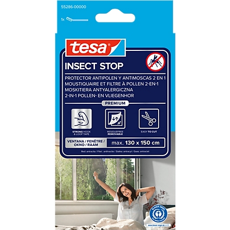 Emballage Tesa bleu et blanc avec l'inscription "INSECT STOP" et une femme devant une fenêtre.