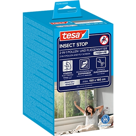 Emballage Tesa bleu et blanc avec protection anti-insectes. Impression : "INSECT STOP". Femme s'étirant devant une fenêtre. Dimensions maximales : 150 x 180 cm.