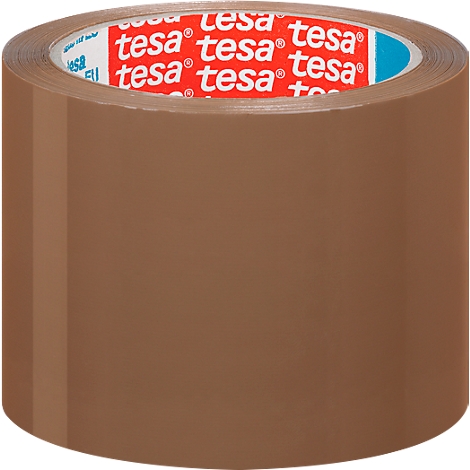 Braunes Klebeband der Marke Tesa. Das Band ist aufgerollt und zeigt den Schriftzug 'tesa' in Rot.