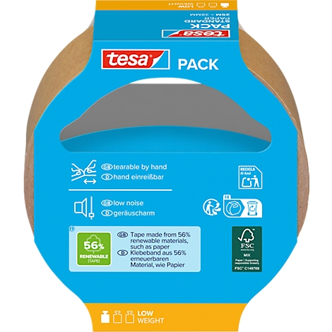 Tesafilm-Packband mit blauer Verpackung. Aufdrucke: reißfest, geräuscharm, aus nachwachsenden Rohstoffen.