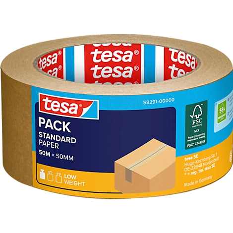 Tesafilm-Rolle mit blauer und brauner Banderole, Aufschrift: PACK STANDARD PAPER.