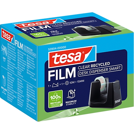 Tesa-filmdispenser in originele verpakking. De dispenser is zwart, de verpakking blauw en wit.