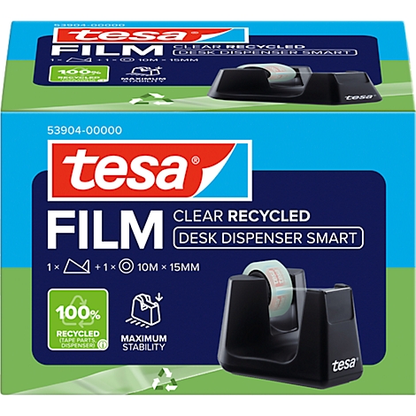 Verpakking van tesa Film plakband. Donkerblauw, wit en rood domineren. Productnamen en logo's zijn gedrukt.