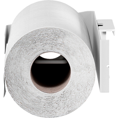 Gros plan d'un rouleau de papier blanc dans un support blanc. Un fond sombre est visible à travers le trou au milieu.