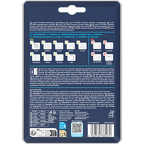 Verpackung mit Aufklebern für die Küche. Aufgedruckt sind Informationen und Piktogramme zu den Oberflächen.