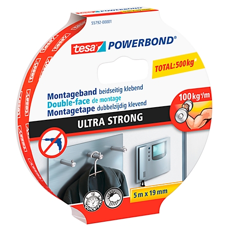 tesa Powerbond double-sided adhesive tape. Display of an application with coat hooks and weather resistance. Specifications: 500 kg, 100 kg/m.
