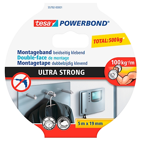 Tesa Powerbond Ultra Strong mounting tape. Sticker with product illustration: hooks with jacket and electronic device.