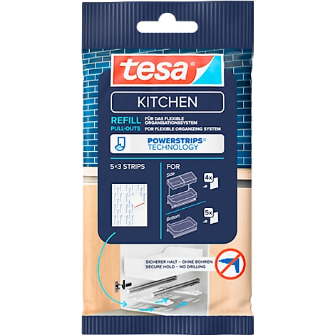 Tesa-Produktverpackung mit Aufschrift 'Kitchen'. Enthält Klebestrips, die das Bohren überflüssig machen.